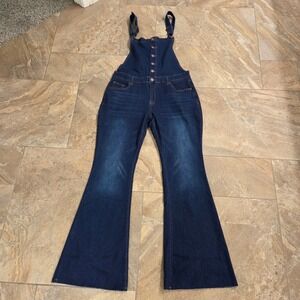Fashion Denim Jeans‎ Womens XL Blue Flare Leg Overalls Dark Wash Raw Hem Retro